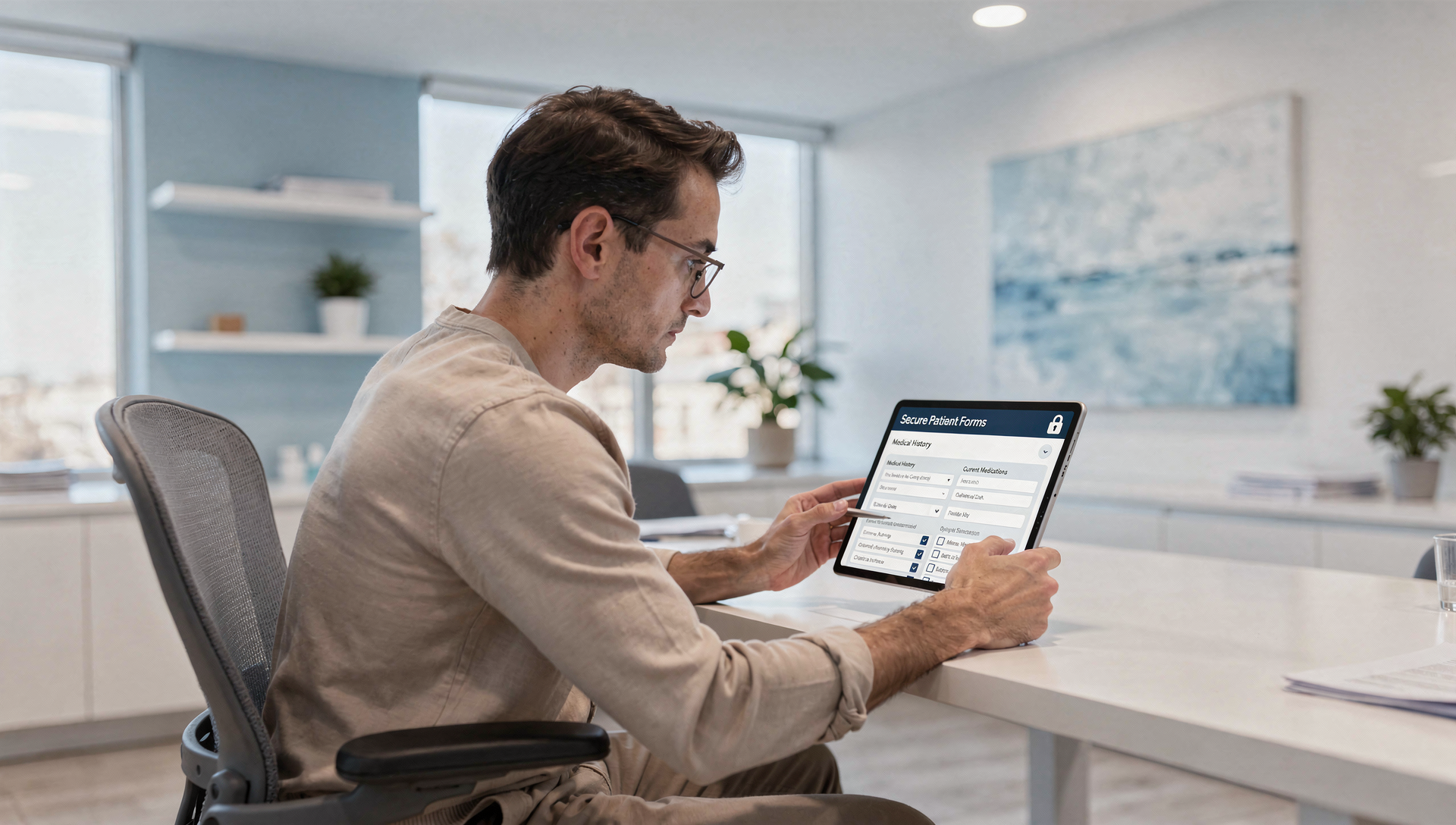Client filling out a secure digital intake form on a laptop in a professional healthcare office in Alaska, showing modern patient onboarding and paperless documentation.