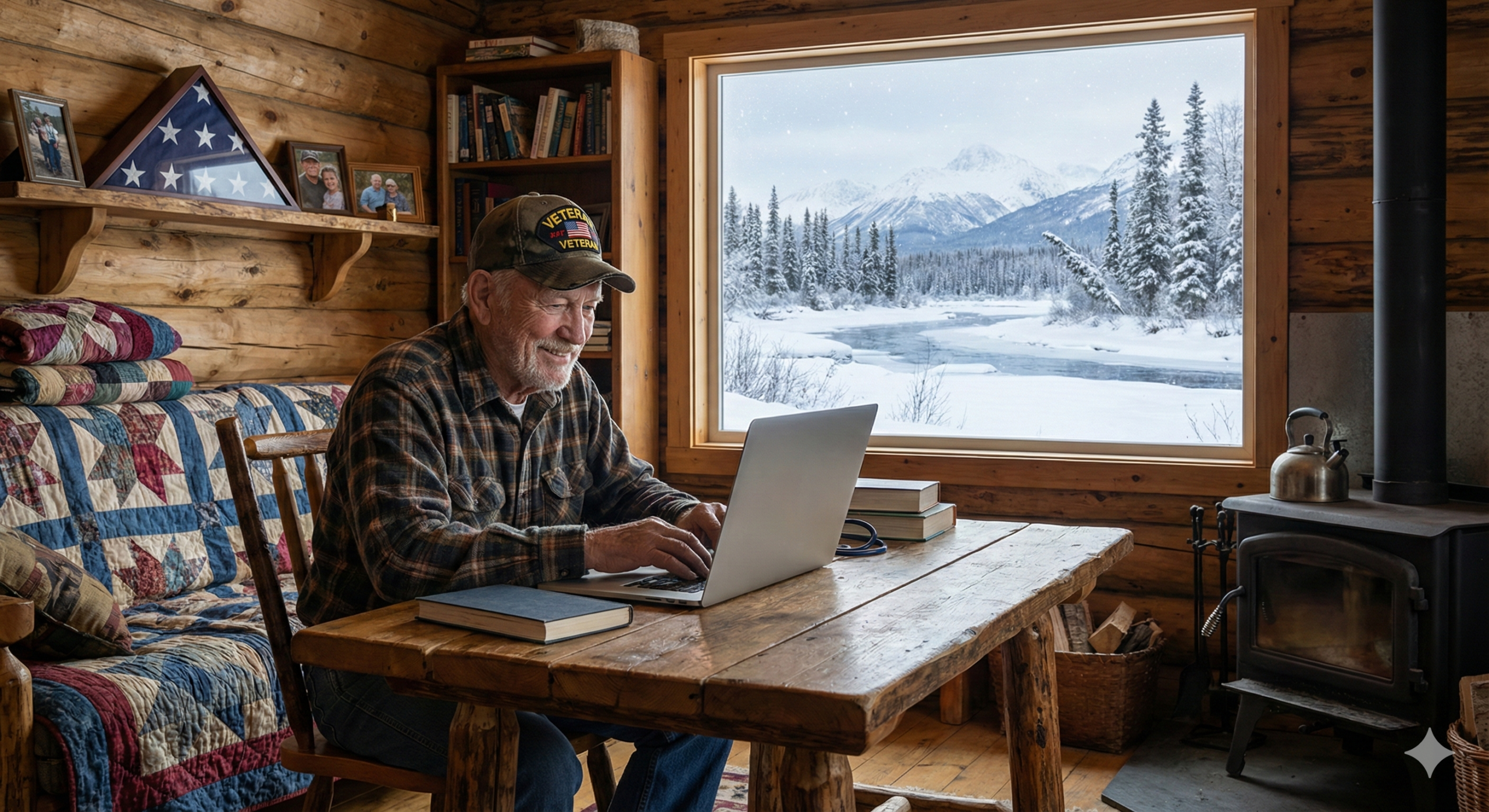 Alaska veteran attending a telemedicine appointment with Dr. Ruggeri on a computer, representing virtual healthcare access for veterans in Anchorage, Wasilla, Palmer, Eagle River, and JBER